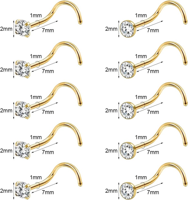 AccGin Store 6-10Pcs 18G 20G Nose Ring Surgical Steel Nose Rings Studs Piercing For Women Men 1.5mm 2mm 2.5mm 3mm Round Diamond CZ L Shaped Corkscrew Gold Black Silver Nose Piercing Hypoallergenic - Image 2